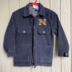 Vintage 70s Long Blue Corduroy Kids Jacket with Custom Embroidered Drip - Youth